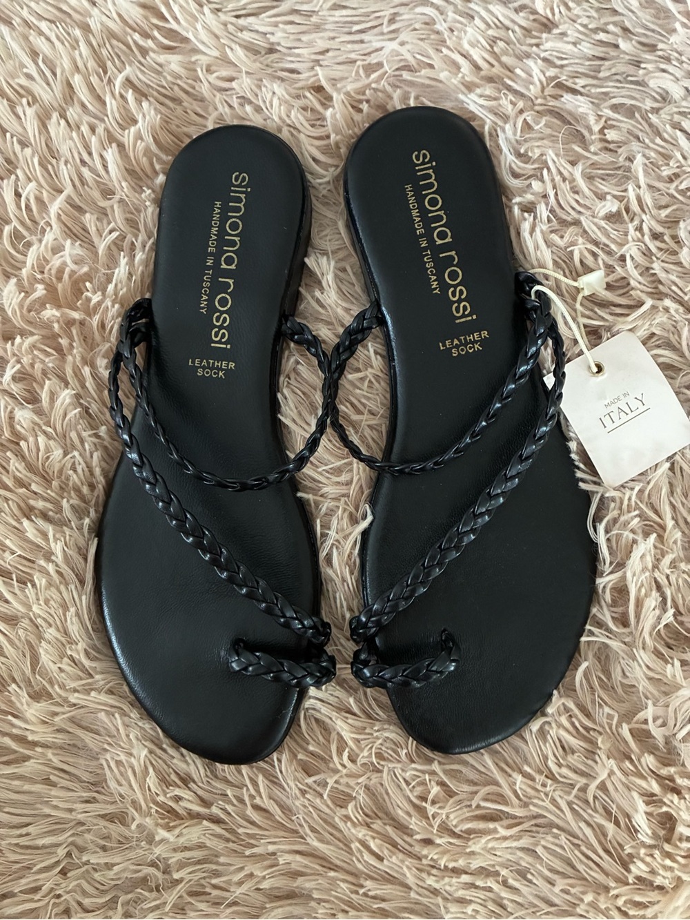 NWT SIMONA ROSSI BLACK BRAIDED LEATHER TOE SANDALS SZ 39